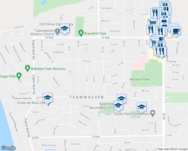 map of restaurants, bars, coffee shops, grocery stores, and more near 963 51A Street in Tsawwassen