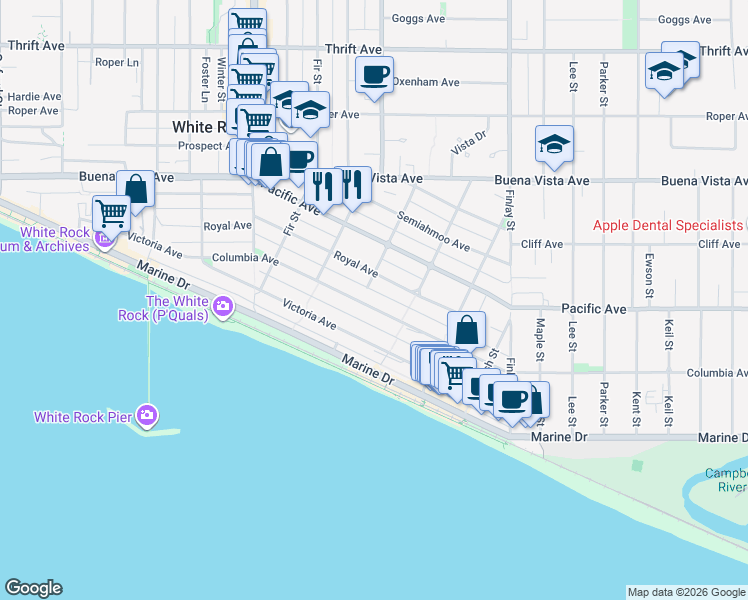 map of restaurants, bars, coffee shops, grocery stores, and more near 15383 Columbia Avenue in White Rock