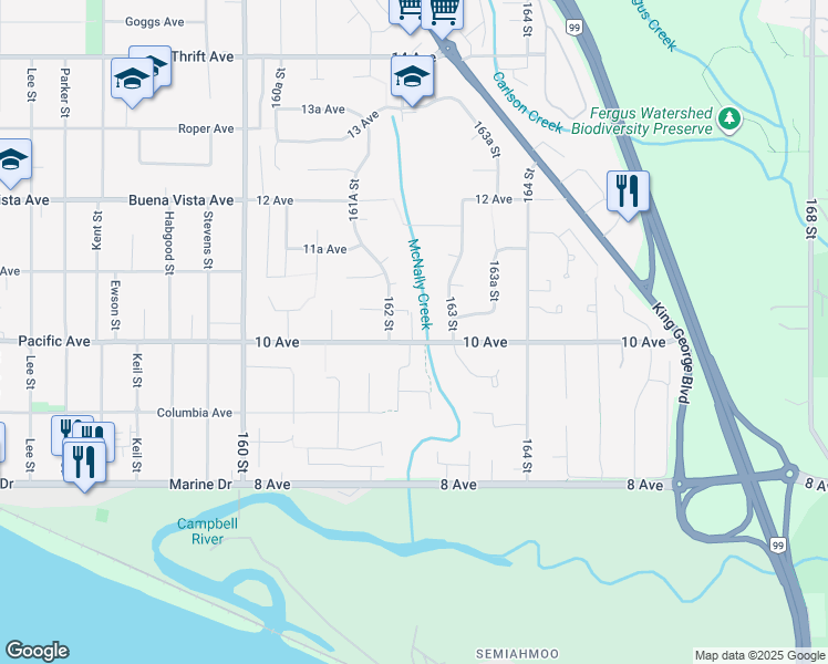 map of restaurants, bars, coffee shops, grocery stores, and more near 16245 10 Avenue in Surrey