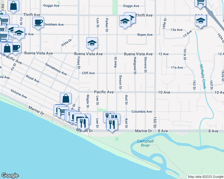 map of restaurants, bars, coffee shops, grocery stores, and more near 15781 Pacific Avenue in White Rock