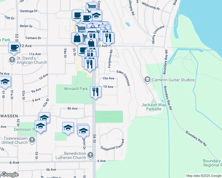 map of restaurants, bars, coffee shops, grocery stores, and more near 5688 10 Avenue in Delta