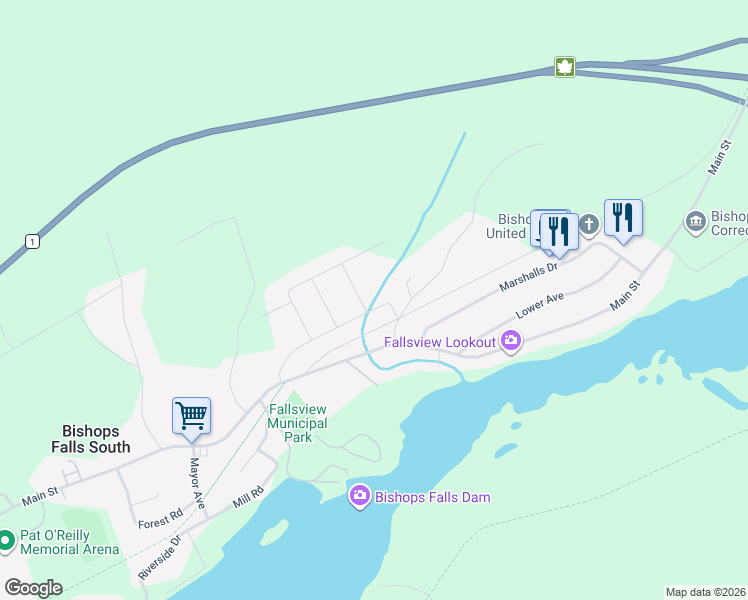 map of restaurants, bars, coffee shops, grocery stores, and more near 534 Main Street in Bishop's Falls
