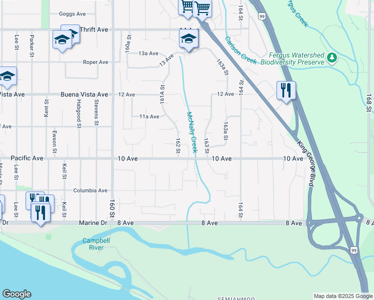 map of restaurants, bars, coffee shops, grocery stores, and more near 16247 10 Avenue in Surrey