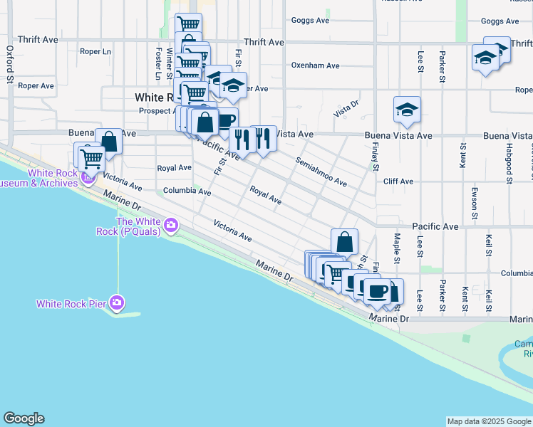map of restaurants, bars, coffee shops, grocery stores, and more near 15357 Columbia Avenue in White Rock