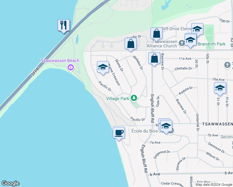 map of restaurants, bars, coffee shops, grocery stores, and more near 980 Pacific Drive in Delta