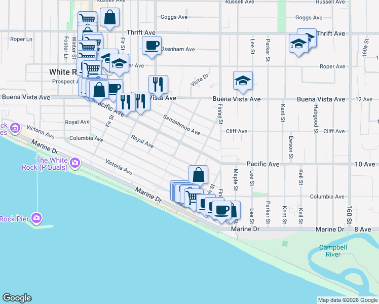 map of restaurants, bars, coffee shops, grocery stores, and more near 15502 Pacific Avenue in White Rock