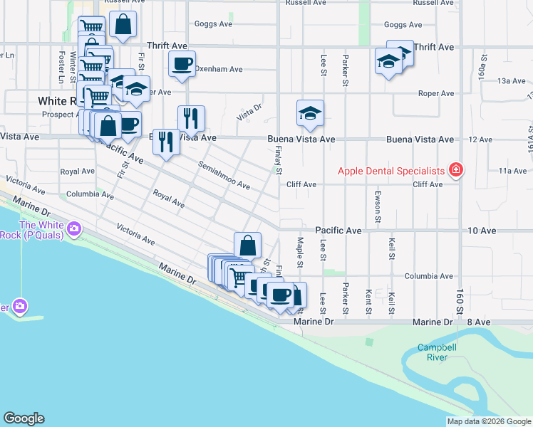 map of restaurants, bars, coffee shops, grocery stores, and more near 15567 Pacific Avenue in White Rock