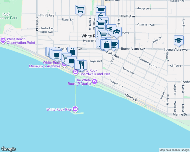 map of restaurants, bars, coffee shops, grocery stores, and more near 15152 Victoria Avenue in White Rock
