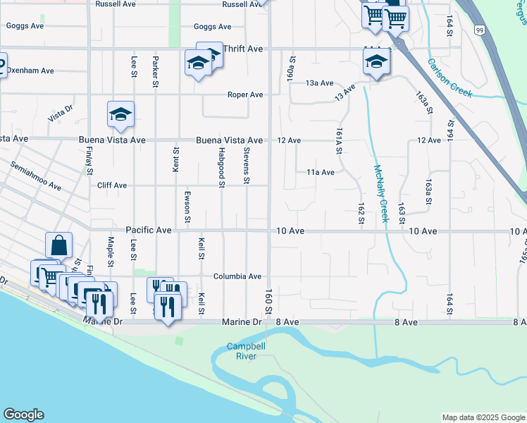 map of restaurants, bars, coffee shops, grocery stores, and more near 1045 Stayte Road in White Rock