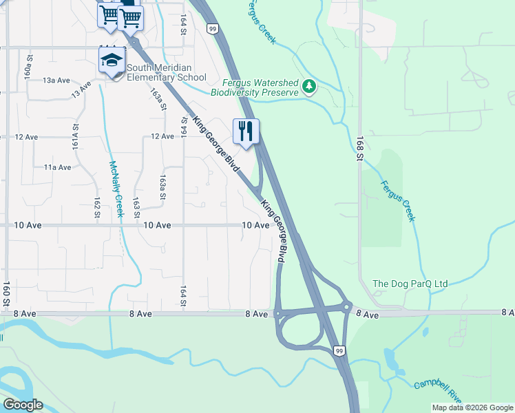 map of restaurants, bars, coffee shops, grocery stores, and more near in Surrey