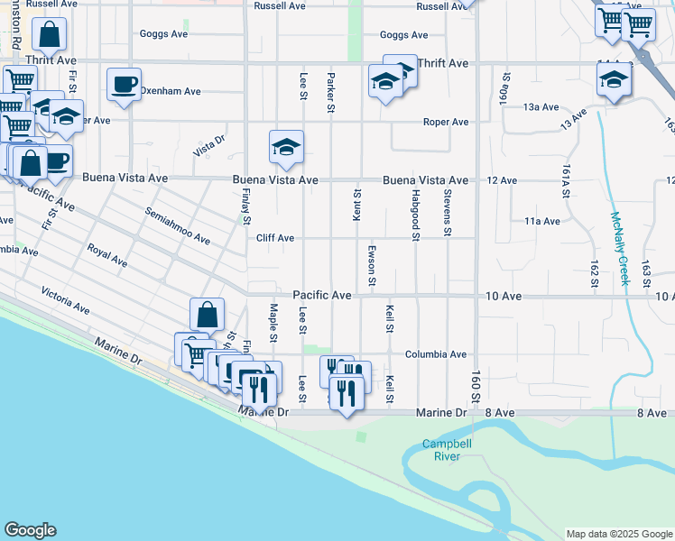 map of restaurants, bars, coffee shops, grocery stores, and more near 1040 Parker Street in White Rock