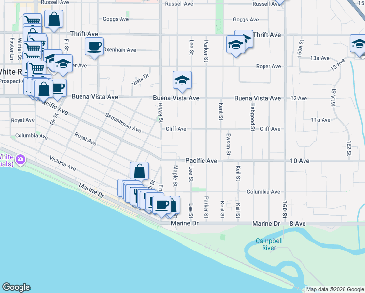 map of restaurants, bars, coffee shops, grocery stores, and more near 15662 Semiahmoo Avenue in White Rock