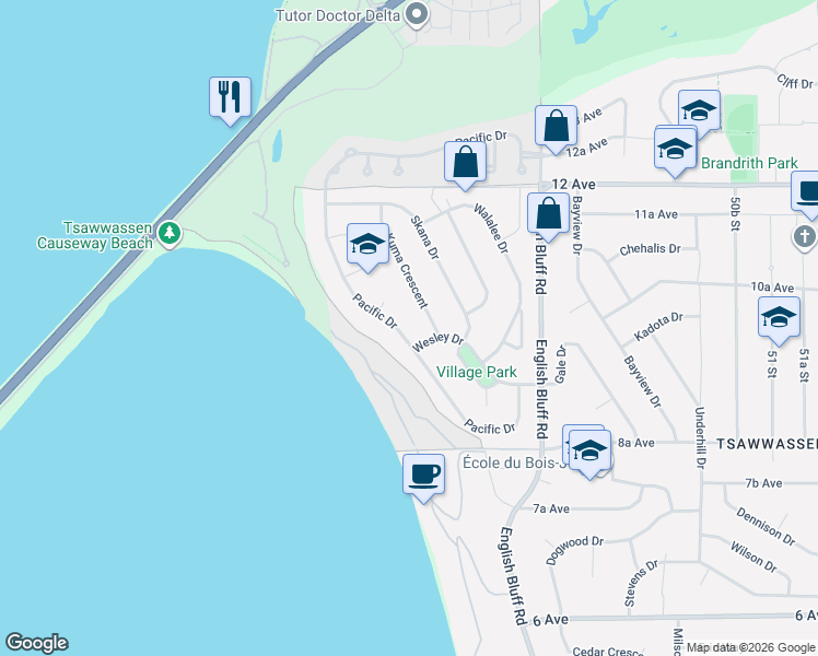 map of restaurants, bars, coffee shops, grocery stores, and more near 986 Pacific Drive in Delta