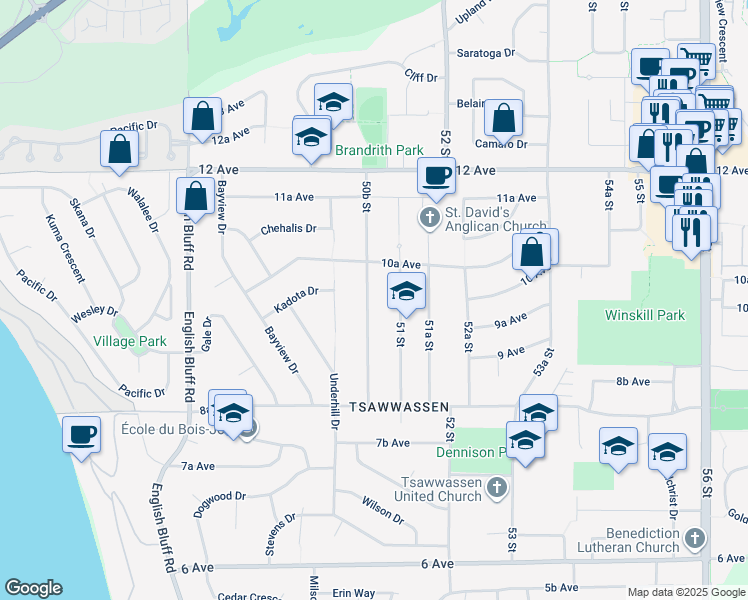 map of restaurants, bars, coffee shops, grocery stores, and more near 998 50B Street in Delta