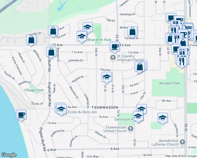 map of restaurants, bars, coffee shops, grocery stores, and more near 998 50B Street in Delta