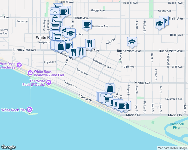 map of restaurants, bars, coffee shops, grocery stores, and more near 15441 Royal Avenue in White Rock