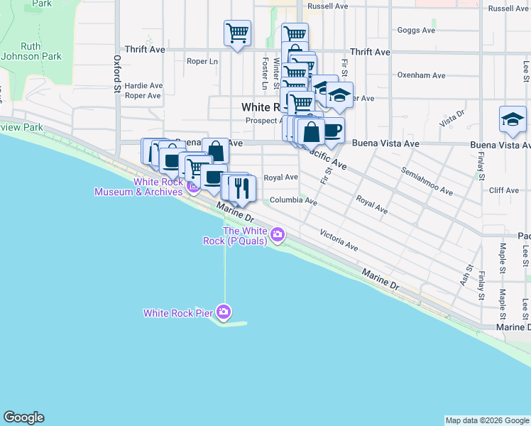 map of restaurants, bars, coffee shops, grocery stores, and more near 15118 Victoria Avenue in White Rock