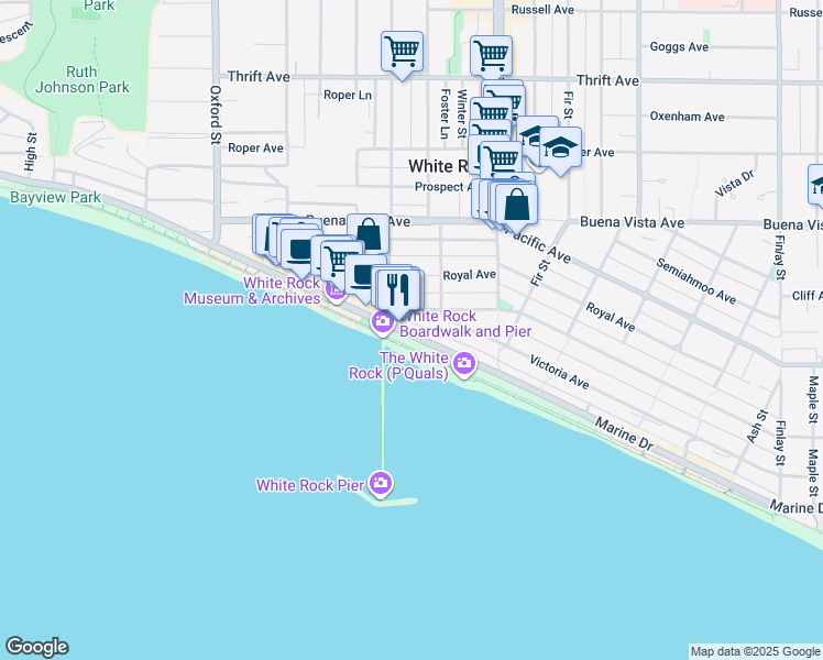 map of restaurants, bars, coffee shops, grocery stores, and more near 15052 Victoria Avenue in White Rock