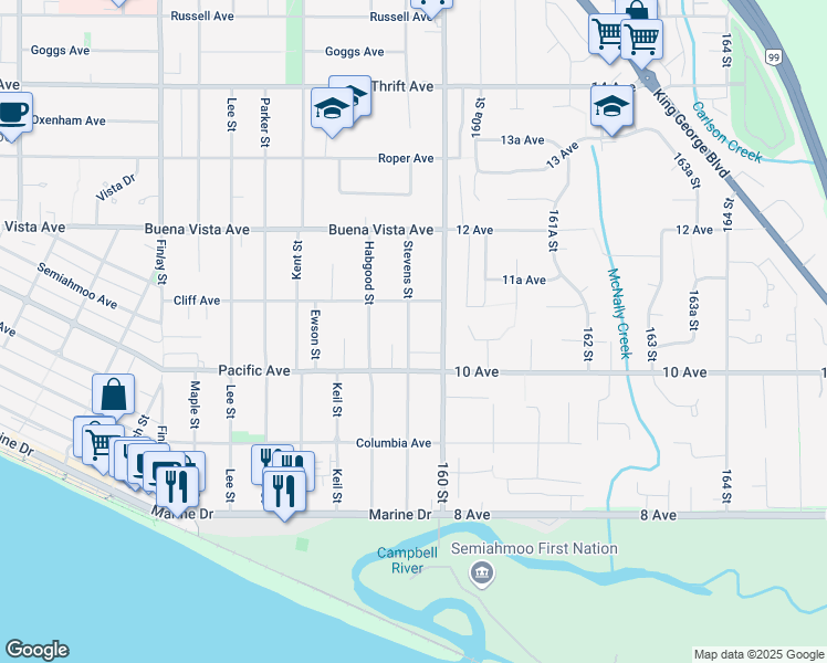 map of restaurants, bars, coffee shops, grocery stores, and more near 1056 Stevens Street in White Rock