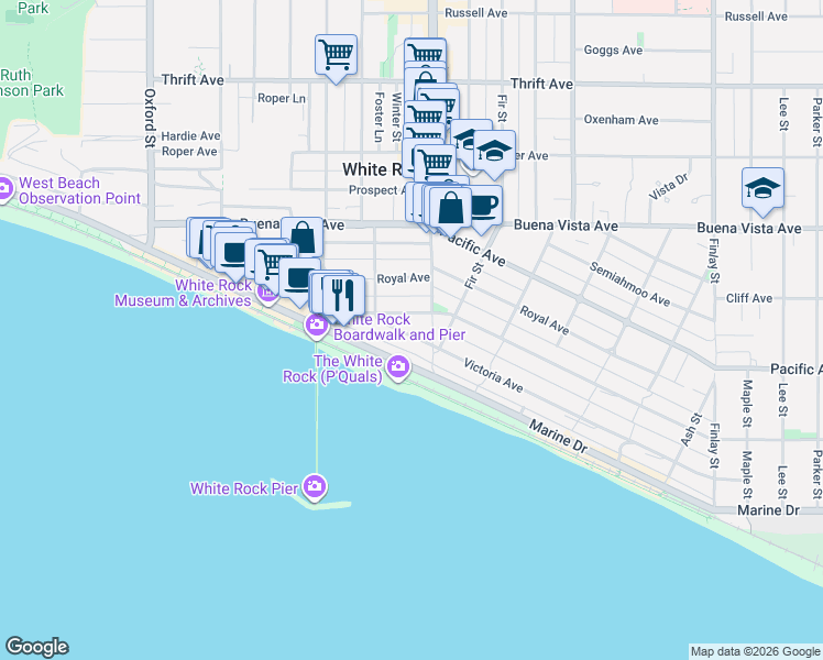 map of restaurants, bars, coffee shops, grocery stores, and more near 15161 Victoria Avenue in White Rock