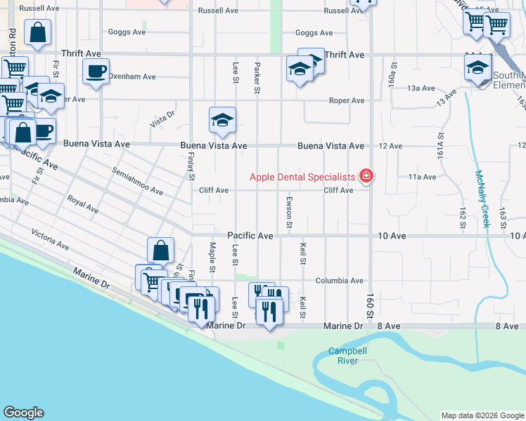 map of restaurants, bars, coffee shops, grocery stores, and more near 1050 Parker Street in White Rock
