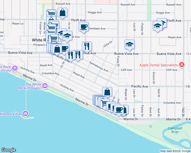 map of restaurants, bars, coffee shops, grocery stores, and more near 1033 Cypress Street in White Rock