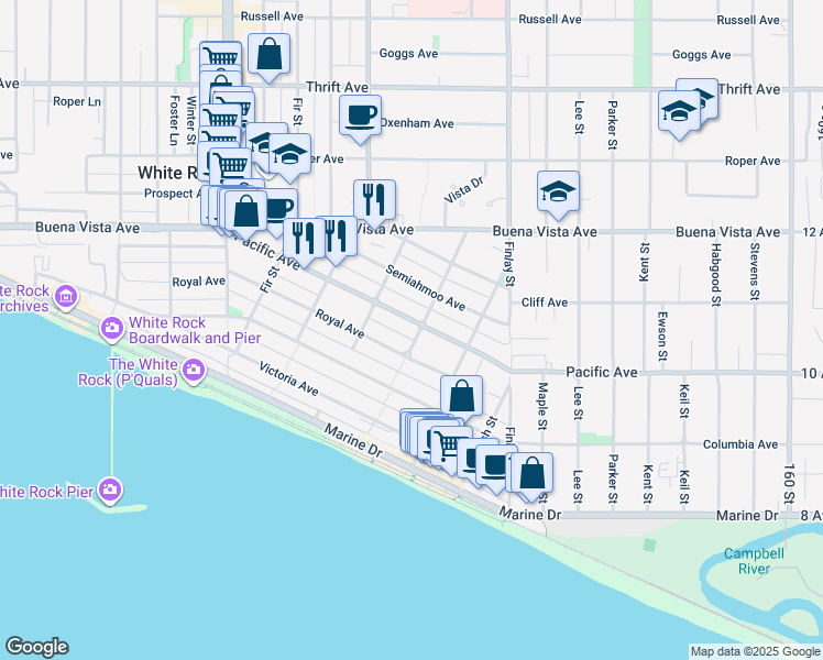 map of restaurants, bars, coffee shops, grocery stores, and more near 1033 Cypress Street in White Rock