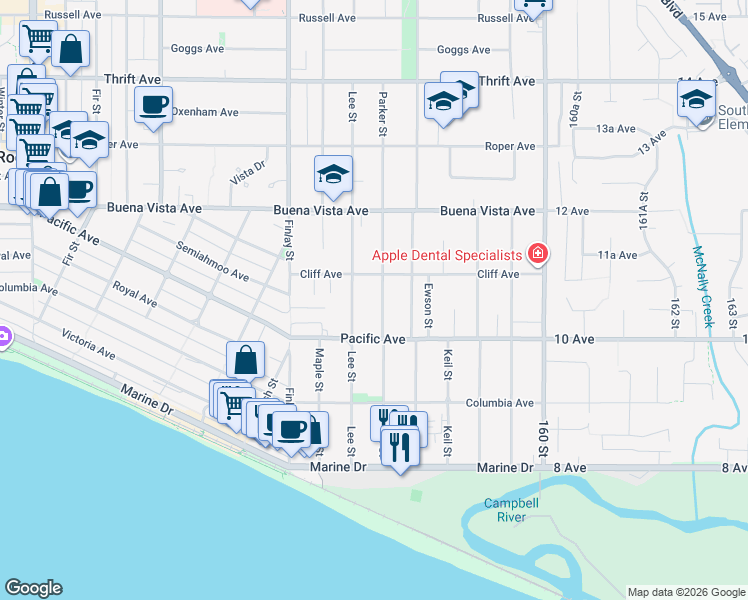 map of restaurants, bars, coffee shops, grocery stores, and more near 1061 Parker Street in White Rock