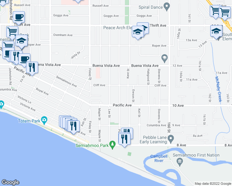 map of restaurants, bars, coffee shops, grocery stores, and more near 1061 Parker Street in White Rock