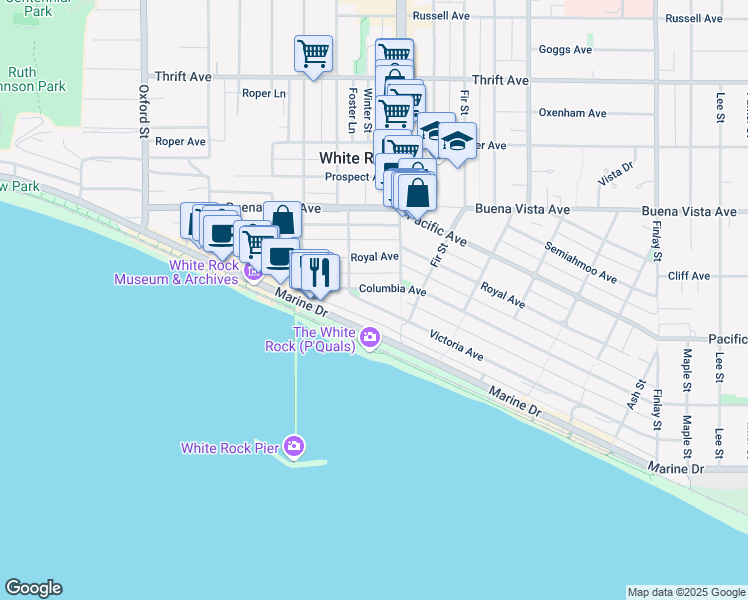 map of restaurants, bars, coffee shops, grocery stores, and more near 15145 Victoria Avenue in White Rock