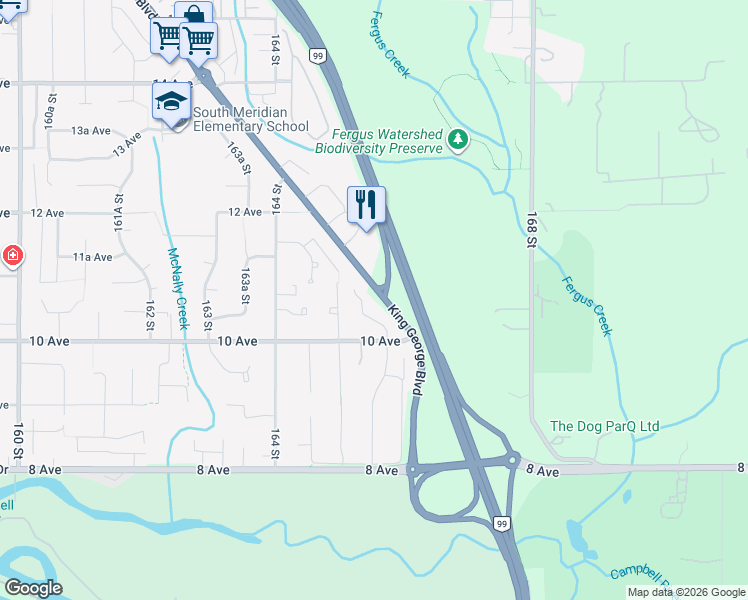map of restaurants, bars, coffee shops, grocery stores, and more near 1065 King George Boulevard in Surrey