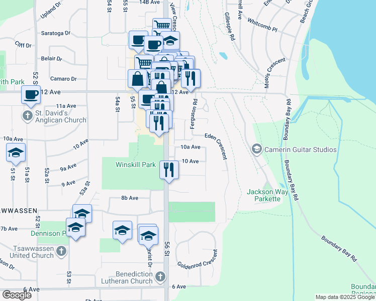 map of restaurants, bars, coffee shops, grocery stores, and more near 5668 10A Avenue in Delta