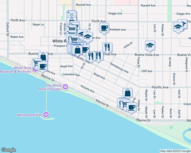 map of restaurants, bars, coffee shops, grocery stores, and more near 15354 Royal Avenue in White Rock