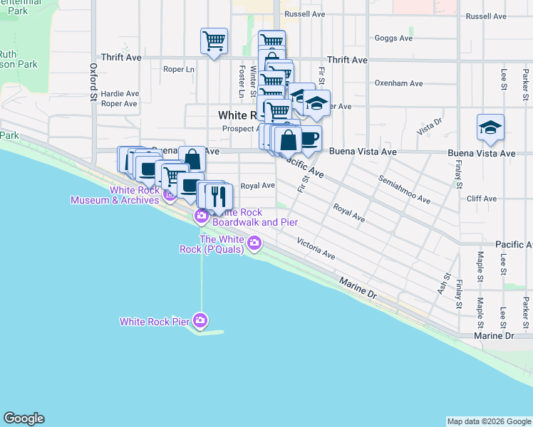 map of restaurants, bars, coffee shops, grocery stores, and more near 15170 Columbia Avenue in White Rock