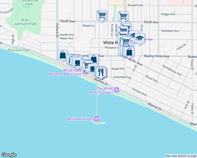 map of restaurants, bars, coffee shops, grocery stores, and more near 15052 Victoria Avenue in White Rock