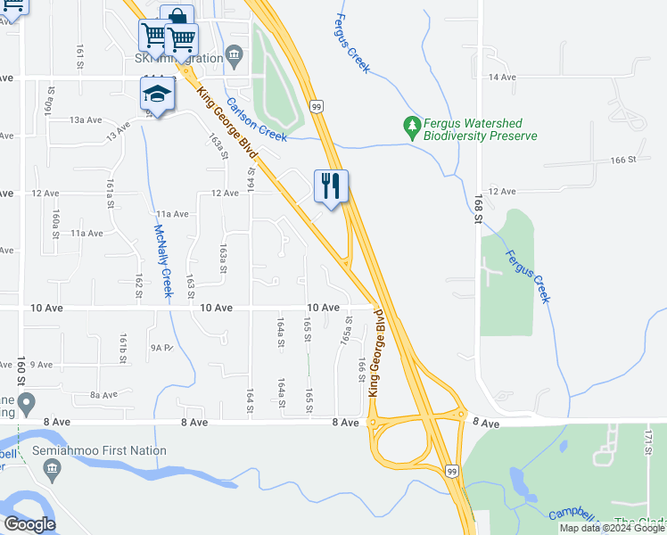 map of restaurants, bars, coffee shops, grocery stores, and more near 1071 King George Boulevard in Surrey