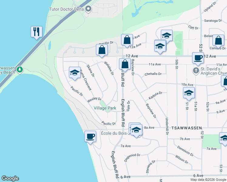 map of restaurants, bars, coffee shops, grocery stores, and more near 1017 Walalee Drive in Delta