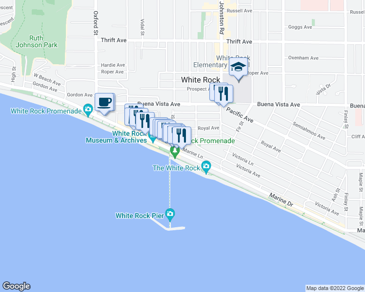 map of restaurants, bars, coffee shops, grocery stores, and more near 15068 Victoria Avenue in White Rock