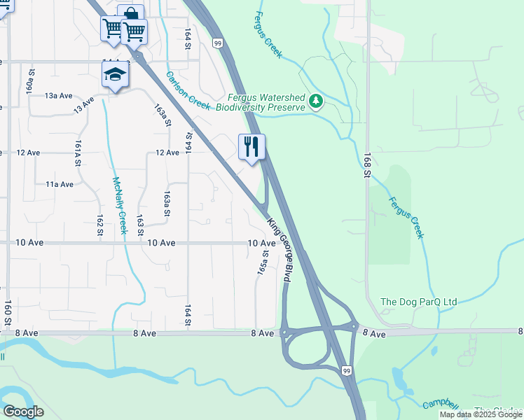 map of restaurants, bars, coffee shops, grocery stores, and more near 1085 King George Boulevard in Surrey