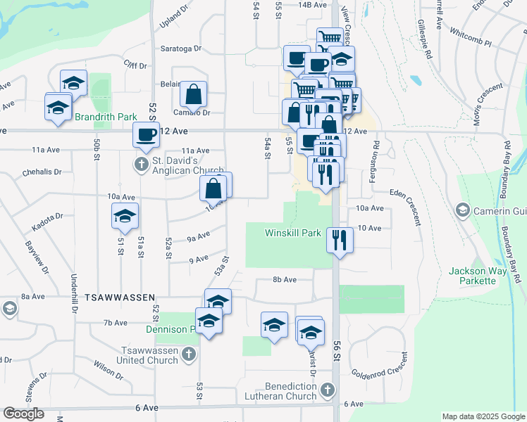 map of restaurants, bars, coffee shops, grocery stores, and more near 5421 10 Avenue in Delta