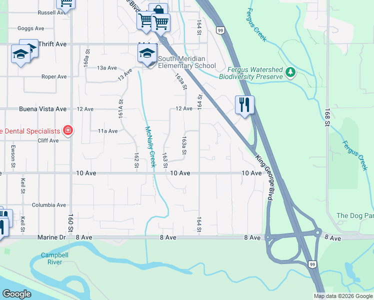 map of restaurants, bars, coffee shops, grocery stores, and more near 1054 163A Street in Surrey