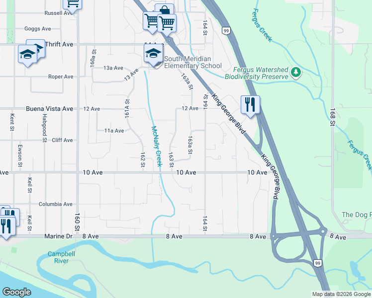 map of restaurants, bars, coffee shops, grocery stores, and more near 1055 163A Street in Surrey