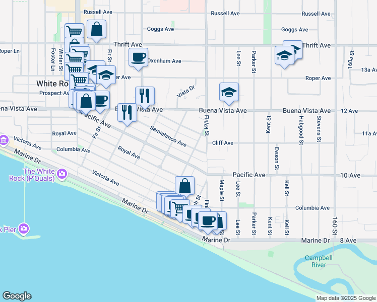 map of restaurants, bars, coffee shops, grocery stores, and more near 1085 Balsam Street in White Rock