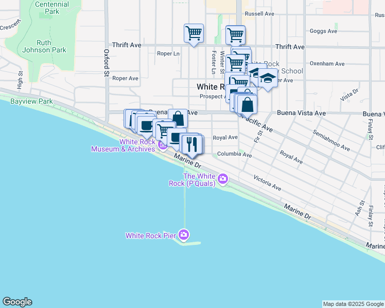 map of restaurants, bars, coffee shops, grocery stores, and more near 15052 Victoria Avenue in White Rock