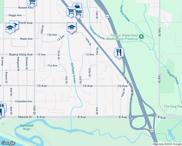 map of restaurants, bars, coffee shops, grocery stores, and more near 1060 163A Street in Surrey
