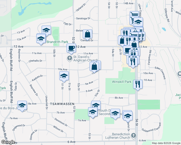 map of restaurants, bars, coffee shops, grocery stores, and more near 5320 10 Avenue in Delta