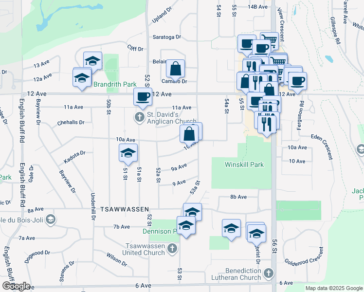 map of restaurants, bars, coffee shops, grocery stores, and more near 5313 10 Avenue in Delta