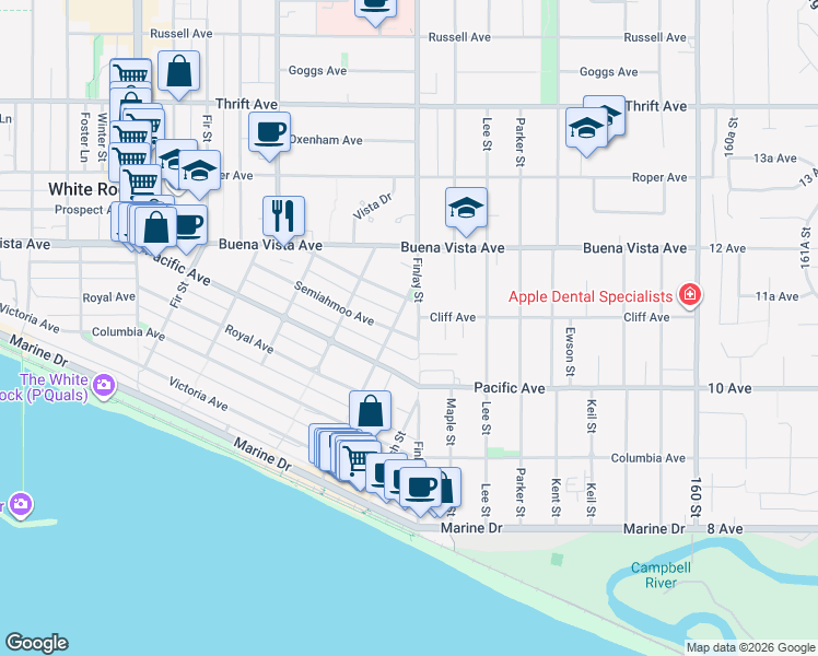 map of restaurants, bars, coffee shops, grocery stores, and more near 15587 Semiahmoo Avenue in White Rock