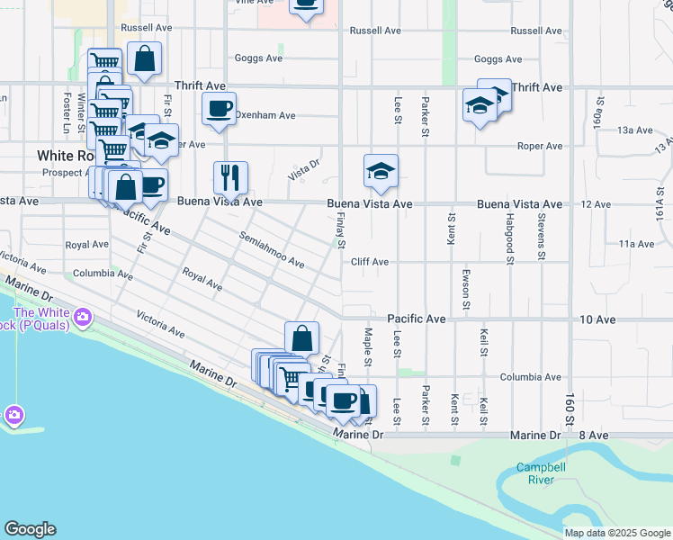 map of restaurants, bars, coffee shops, grocery stores, and more near 1087 Finlay Street in White Rock