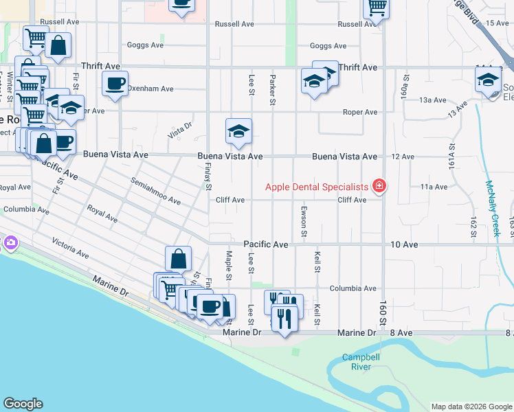 map of restaurants, bars, coffee shops, grocery stores, and more near 15708 Cliff Avenue in White Rock